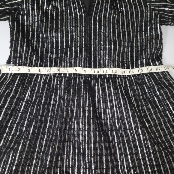 Duffield Lane Black Metallic Stripes Tiered Puff Sleeve Whimsygoth Holiday Dress - Picture 6 of 13